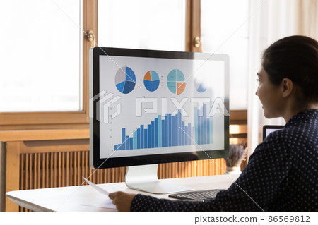 Focused young Indian businesswoman analyzing online sales. Focused young Indian businesswoman analyzing online sales. 86569812