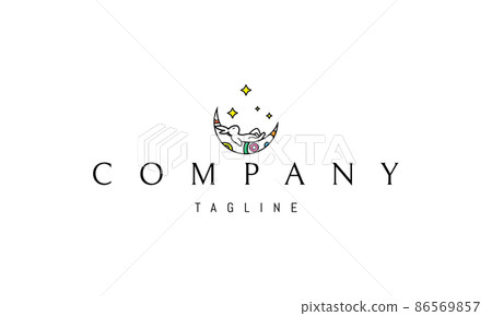 Vector logo on which an abstract image of a rabbit sleeping on the moon against the background of stars. 86569857