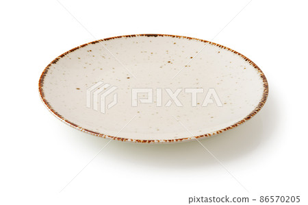 White dinner plate isolated on a white background. Cutout of empty speckled plate with brown border. White dinner plate isolated on a white background. Cutout of empty speckled plate with brown border. 86570205