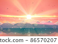 Asian landscape with sunset rays drawing, mountains and blue green lake or sea water with sunlight, water reflections in vector. Outdoor nature illustration. 86570207