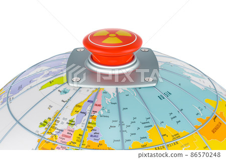 Global Nuclear Threat concept. Nuclear red button on the Earth Globe, 3D rendering Global Nuclear Threat concept. Nuclear red button on the Earth Globe, 3D rendering 86570248