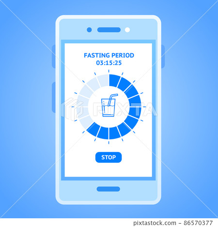 Intermittent fasting tracker app concept. Flat vector illustration of a mobile phone screen with fasting window diagram, water icon and stop button 86570377