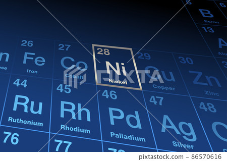 Element nickel on the periodic table of elements. Ferromagnetic transition metal, with element symbol Ni, and atomic number 28. Used for coinage, stainless steel, magnets, and rechargeable batteries. Element nickel on the periodic table of elements. Ferromagnetic transition metal, with element symbol Ni, and atomic number 28. Used for coinage, stainless steel, magnets, and rechargeable batteries. 86570616