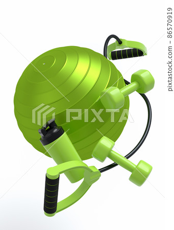 Flying sport equipment like water bottle, dumbbell and expander on white background. 3d render of power lifting and fitness concept 86570919