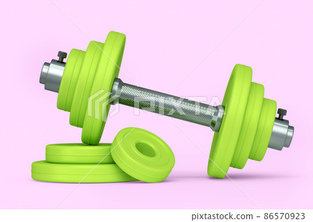 Metal dumbbell with green disks isolated on pink background. 3d rendering of sport equipment for fitness and powerlifting 86570923
