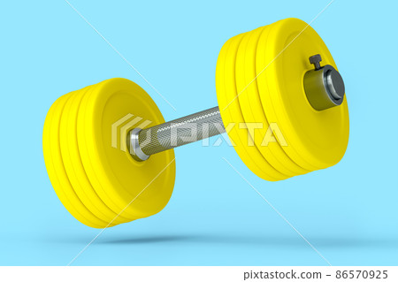 Metal dumbbell with yellow disks isolated on blue background. 3d rendering of sport equipment for fitness and powerlifting 86570925