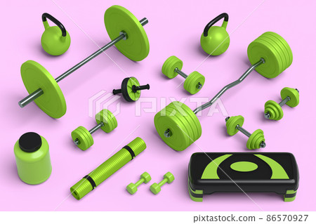 Isometric view of sport equipment like yoga mat, kettlebell, dumbbell and smart watches on pink background. 3d render of power lifting and fitness concept 86570927