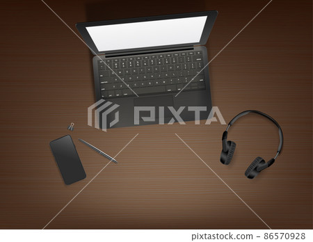 Wood table with modern laptop. Working place concept. Vector 3d illustration with depth of field effect 86570928