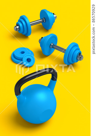 Isometric view of sport equipment like kettlebell, dumbbell and AB roller on yellow background. 3d render of power lifting and fitness concept Isometric view of sport equipment like kettlebell, dumbbell and AB roller on yellow background. 3d render of power lifting and fitness concept 86570929