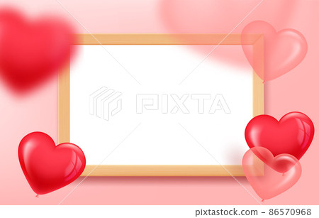 Empty wood frame on the table with air balloons. 3d landscape orintation vector mockup for design Empty wood frame on the table with air balloons. 3d landscape orintation vector mockup for design 86570968