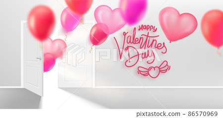 Happy Valentines day card with balloons. Opened door in bright interior with flying air balloons Happy Valentines day card with balloons. Opened door in bright interior with flying air balloons 86570969