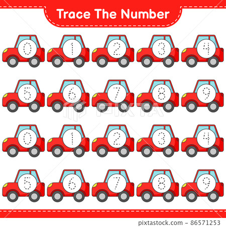 Trace the number. Tracing number with Car. Educational children game, printable worksheet, vector illustration Trace the number. Tracing number with Car. Educational children game, printable worksheet, vector illustration 86571253