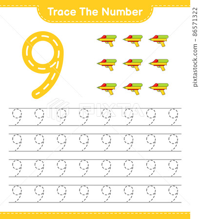Trace the number. Tracing number with Water Gun. Educational children game, printable worksheet, vector illustration 86571322
