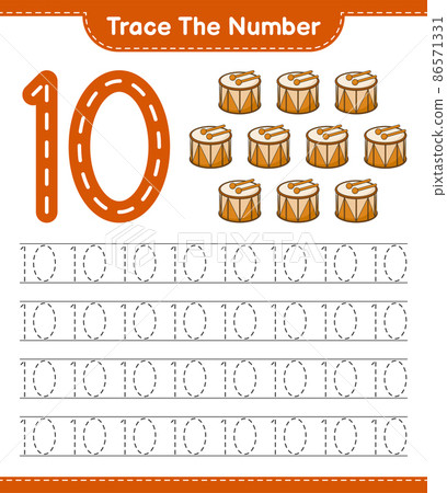 Trace the number. Tracing number with Drum. Educational children game, printable worksheet, vector illustration Trace the number. Tracing number with Drum. Educational children game, printable worksheet, vector illustration 86571331