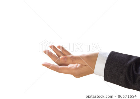 Human hand with open palm, in sleeve of a business suit, a positive gesture, close up, isolated on white. 86571654