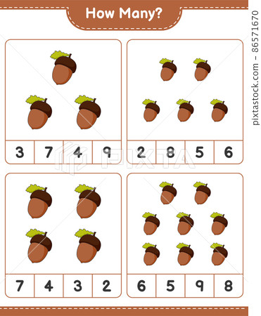 Counting game, how many Acorn. Educational children game, printable worksheet, vector illustration Counting game, how many Acorn. Educational children game, printable worksheet, vector illustration 86571670