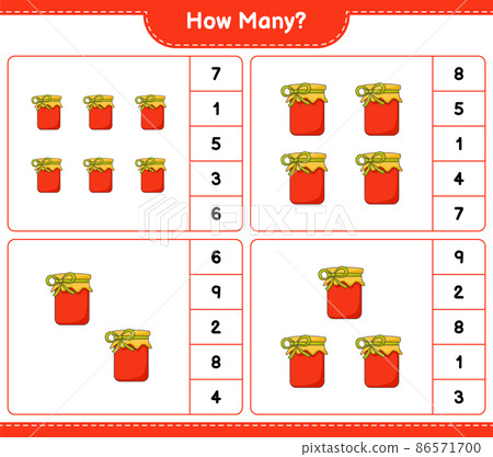 Counting game, how many Jam. Educational children game, printable worksheet, vector illustration Counting game, how many Jam. Educational children game, printable worksheet, vector illustration 86571700