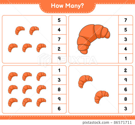 Counting game, how many Croissant. Educational children game, printable worksheet, vector illustration 86571711