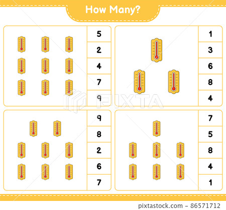 Counting game, how many Thermometer. Educational children game, printable worksheet, vector illustration 86571712