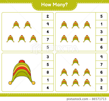 Counting game, how many Hat. Educational children game, printable worksheet, vector illustration 86571713