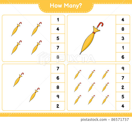 Counting game, how many Umbrella. Educational children game, printable worksheet, vector illustration 86571737