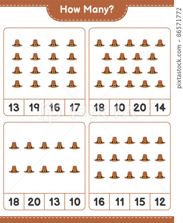 Counting game, how many Hat. Educational children game, printable worksheet, vector illustration 86571772