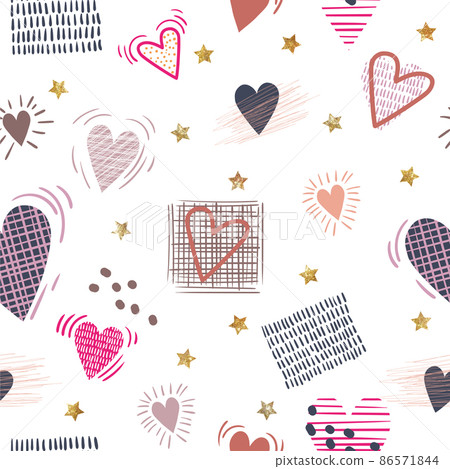 Seamless pattern with lilac hearts and golden glowing stars . Creative love texture. Vector 86571844