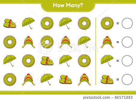 Counting game, how many Donut, Slippers, Umbrella, Hat. Educational children game, printable worksheet, vector illustration Counting game, how many Donut, Slippers, Umbrella, Hat. Educational children game, printable worksheet, vector illustration 86571883