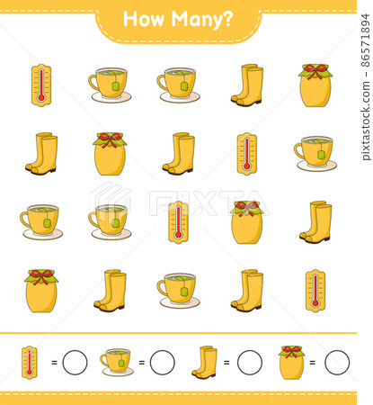 Counting game, how many Thermometer, Rubber Boots, Tea Cup, and Jam. Educational children game, printable worksheet, vector illustration 86571894