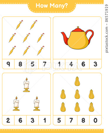 Counting game, how many Teapot, Candle, Butternut Squash, and Umbrella. Educational children game, printable worksheet, vector illustration Counting game, how many Teapot, Candle, Butternut Squash, and Umbrella. Educational children game, printable worksheet, vector illustration 86571919