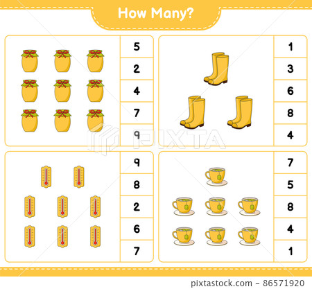 Counting game, how many Thermometer, Rubber Boots, Tea Cup, and Jam. Educational children game, printable worksheet, vector illustration Counting game, how many Thermometer, Rubber Boots, Tea Cup, and Jam. Educational children game, printable worksheet, vector illustration 86571920