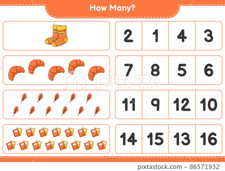 Counting game, how many Oak Leaf, Socks, Book, and Croissant. Educational children game, printable worksheet, vector illustration Counting game, how many Oak Leaf, Socks, Book, and Croissant. Educational children game, printable worksheet, vector illustration 86571932