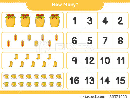 Counting game, how many Thermometer, Rubber Boots, Tea Cup, and Jam. Educational children game, printable worksheet, vector illustration 86571933