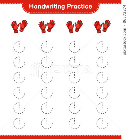Handwriting practice. Tracing lines of Goalkeeper Gloves. Educational children game, printable worksheet, vector illustration 86572274