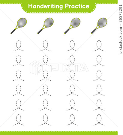 Handwriting practice. Tracing lines of Tennis Racket. Educational children game, printable worksheet, vector illustration 86572291