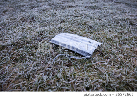 Face mask garbage on the ground. frosty grass in winter season Face mask garbage on the ground. frosty grass in winter season 86572665
