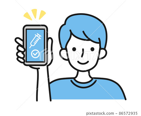 Illustration material of a man presenting a vaccination certificate (vaccine passport) on a smartphone Illustration material of a man presenting a vaccination certificate (vaccine passport) on a smartphone 86572935
