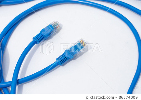 LAN network connection ethernet blue cables on white background. 86574009