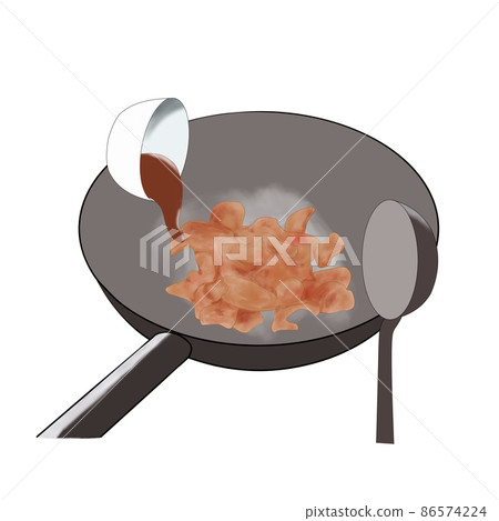 Image illustration of stir-fried meat in a wok and adding seasonings (hand-painted) Image illustration of stir-fried meat in a wok and adding seasonings (hand-painted) 86574224