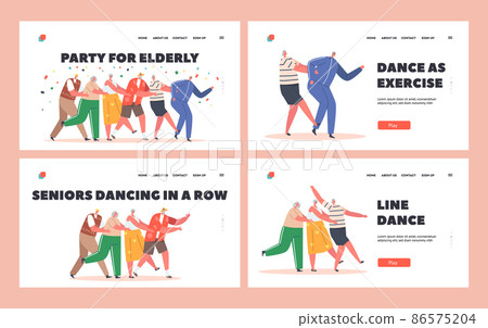 Party for Elderly Landing Page Template Set. Old People Dance Conga Stand in Line with Confetti. Active Grandparents Party for Elderly Landing Page Template Set. Old People Dance Conga Stand in Line with Confetti. Active Grandparents 86575204