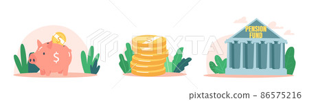 Set of Money Coins Pile, Piggy Bank and Pension Fund Building. Concept of Savings, Gold Coins and Rich. Bank Investment Set of Money Coins Pile, Piggy Bank and Pension Fund Building. Concept of Savings, Gold Coins and Rich. Bank Investment 86575216