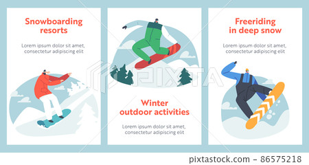 Adult People Dressed in Winter Clothes Snowboarding Sparetime Cartoon Banners. Male Female Snowboard Riders Adult People Dressed in Winter Clothes Snowboarding Sparetime Cartoon Banners. Male Female Snowboard Riders 86575218