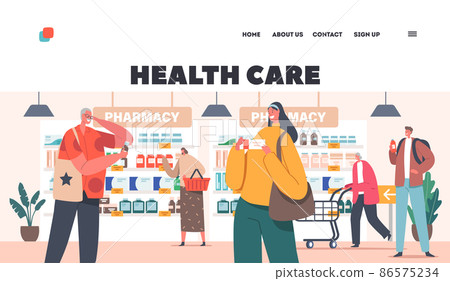 Health Care Landing Page Template. Characters Purchase Drugs in Pharmacy. Customers Walk along Shelves with Medications 86575234