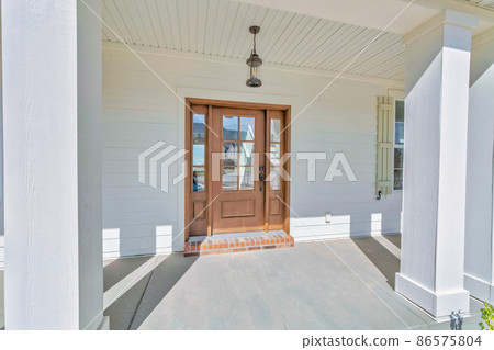 Wooden front door and two side panels with reflective glass panels Wooden front door and two side panels with reflective glass panels 86575804