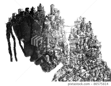 Paintography. A profile portrait of a man combined with an ink drawing city. 86575814