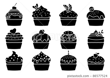 Cupcakes glyph, silhouette with tasty cream set 86577524