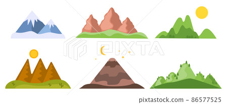 Mountains set desert, volcano, snowy peaks, forest Mountains set desert, volcano, snowy peaks, forest 86577525