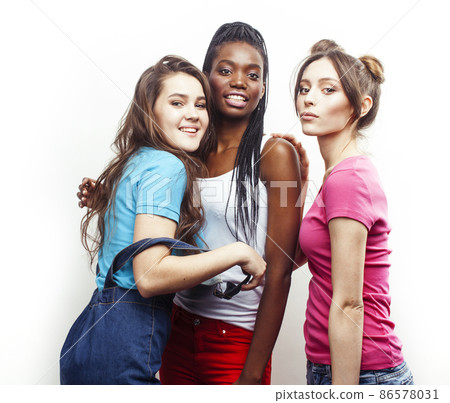diverse multi nation girls group, teenage friends company cheerful having fun, happy smiling, cute posing isolated on white background, lifestyle people concept, african-american and caucasian diverse multi nation girls group, teenage friends company cheerful having fun, happy smiling, cute posing isolated on white background, lifestyle people concept, african-american and caucasian 86578031