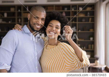 Beautiful African spouses showing at camera bunch of keys 86578483