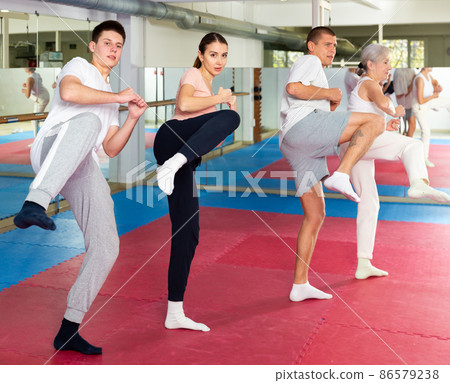 Group of men and women practicing karate kicks in gym Group of men and women practicing karate kicks in gym 86579238